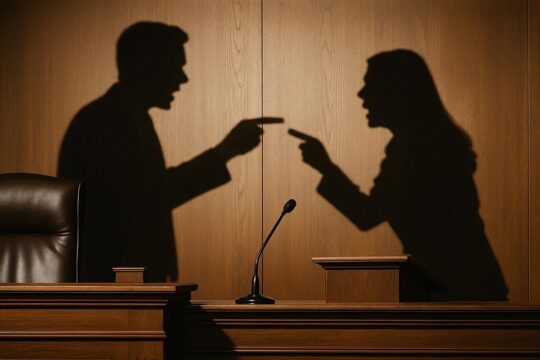The Disciplinary board of the International Criminal Court (ICC) is hearing a case of psychological harassment involving lawyer Jennifer Naouri. Image: 2 people (represented only by shadows) argue in a court of law.